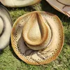 Berets Gradient ausgehöhlten handgefertigte Cowboy Lafite Strohhut Frauen Männer Sommer im Freien Reisebrandhüten Western Sonnenschattenmütze 2023