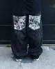 Americano clássico retro cômico bolso impressão dos homens jeans preto harajuku alta rua cintura baixa solta floormopping calças 231228