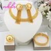 Necklace Earrings Set African Gold Color Lace Round Design Tassel Ring Dubai Choker Cuff Bracelets Wedding Party Gift