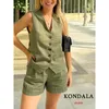 Tute da donna KONDALA Casual Lino Abiti da donna 2 pezzi Scollo a V Bottoni Gilet Blazer Vita alta Pantaloncini a gamba larga Moda 2023 Estate