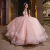 Pink Princess Quinceanera Dresses Off Shoulder Lace Appliques Tull Corset Up Ball Gown Sweet 16 17 Birthday Vestidos De 15