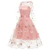 FMFSSOM Neue Sommer Floral Print Stickerei Tüll Weibliche Kleid Süße Elegante Hohe Taille Lace Up A-line Mesh Frauen Kleider