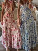 Robes décontractées Élégant Maxi Robe Femmes Été 2023 V Cou Lâche Longue Imprimé Floral Vacances Plage Porter À Lacets Femmes Robes