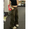 Calça feminina Deeptown Leopard Jeans Women Harajuku Denim Oversize Vintage Wide Leg Loverys Feminino Y2K Streetwear Hip Hop Casual