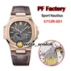 Neue PFF 40mm Sport 5712R-001 5712 mechanische Handaufzug Herrenuhr Mondphase Gangreserve graues Zifferblatt Roségold braunes Leder he271Z