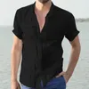 Mäns casual skjortor män sommar kort ärm skjorta fast färgblusar dubbelficka topp tändskrage