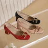 Dress Shoes Spring Women Med Heel Square Toe Pumps Office Lady Big Gold Metal Chain Slip On Patent Leahter Red Pink 45