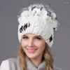 Berretti Vera Pelliccia Di Rex Erba Cappello Lavorato A Maglia Jacquard E Capelli Caldi Protezione Per Le Orecchie Da Donna In Inverno