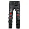 Men el estirado Racped Skinny Biker bordado de bordado impreso estampado Jeans destruidos Holte delgado Denim Hip Hop Black 231227