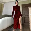 Casual Dresses Split Thigh Ruched Dress Elegant Solid High Collar Long Sleeve Party Women's Clothing