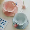 Canecas pintadas à mão flor 3D xícaras de chá de leite colorido conjunto de pires de cerâmica xícara de café de porcelana