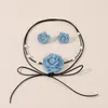 Necklace Earrings Set Long Lace Up Rope Chain With Denim Flower Choker And Stud Earring Jewelry For Women Trendy Elegant Accessories