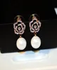 Fashion designer super sparkling beautiful diamond classic camellia flower elegant pearl pendant stud earring for woman girls9659006