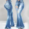 Jeans pour femmes Femmes Pantalons en denim évasés avec taille haute Trous déchirés Design Poignets à pompon pour bouton de fermeture à glissière d'automne