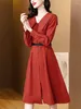 Robes décontractées Femmes Bandon rouge Bandin Collar MIDI Robe Midi Automne Hiver Long Manche Chic Prom 2023 Festival coréen élégant