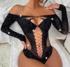 Calcinha sexy feminina diamante quente brilhante sexy roupa interior de malha de manga comprida bodystocking