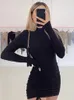 Long Sleeve Ruched Bodycon Dres Turtleneck Bandage Mini Dresses Autumn Black Skinny Stretchy Party Vestidos 231228