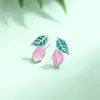 Stud Earrings Trendy Silver Color Green Pink Enamel Leaf Nature Cute For Women Girl Gift Fashion Jewelry Dropship Wholesale