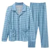 Men's Tracksuits Mens Spring Snd Autumn Cotton Pajamas Set Plaid Long Sleeve Homewear Cardigan Tracksuit 2 Piece Sets Winter Clothes
