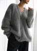 Elegant V Neck Mohair Soft Cardigan Women Loose Solid Long Sleeve Warm Plush Sweater Coat Lady Winter Chic Female Knitwear 231228
