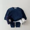 2023 Korean Baby Cotton Kintting Clothings Sets Mock Two Piece Waffle Kids Boys Girls Trackuit Tops Pants 231228