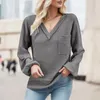 Chemisiers pour femmes Chemise à col en V à la mode Chemises de printemps à manches longues pour femmes Dames Haut en tricot solide avec poche poitrine Hauts pulls pour femmes