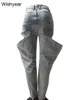 Chic Big Hollow Out Design Nachtclub Blue Jeans Cargo Pant Hohe Taille Gerade Elastische Denim Hosen Streetwear Böden 231228