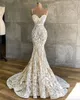 2024 African Mermaid Wedding Champagne Spaghetti Straps Illusion White Lace Appliques Sleeveless Bride Dresses Bridal Gowns Plus Size Sweep Train