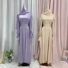 Etnische kleding moslim mode vrouwen lange islamitische satijnen jurk hijab arabische abaya dubai ballon mouw met lint eid mubarak turks