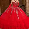 2024 robes de Quinceanera rouge robe de bal chérie dentelle Applique perlée tulle pour 16 ans robes de soirée vestidos de 15