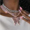 14K mrożony motyl Wisiant Naszyjnik 9 mm różowy łańcuch kubański Cubic Charm Pink Tinn Chain Naszyjnik cyrkon Men Hiphop Jewelry 2131