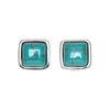 Dangle Earrings Original Retro National Style Natural Turquoise Stud Women's Sterling Silver S925 Exquisite Geometric Square S