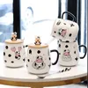 Mugs Cartoon Cow Ceramic Cup with Lock Spoon Milk Ins Student Mugg Office Coffee Par