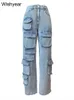 Pantalon de survêtement multi-poches en denim extensible, pantalon cargo, mouche à boutons, taille haute, ample, droit, baggy, pantalon streetwear 231228