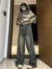 Y2Kビンテージハイウエストストリートウェアスタイルブルージーンズパンツ韓国ファッションレディースワイドレッグストライプデニムズボンの女性服231228