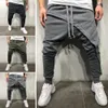 Moda masculina harem calças cor sólida cordão assimétrico dupla camada longa corrida jogger calças largas para roupas masculinas 231228