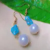 Kolczyki Dangle Naturalne białe okrągłe świeżej woda Perła Blue Turquoise Gold Year Prezenty Świąte