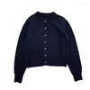 Kvinnors stickor Navy Blue Sticked Cardigan Spring 2023 Korean Löst fast färg Rund hals tröja top