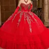 2024 robes de Quinceanera rouge robe de bal chérie dentelle Applique perlée tulle pour 16 ans robes de soirée vestidos de 15
