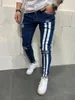 Moda streetwear homens jeans vintage cor azul fino destruído rasgado quebrado calças punk homme hip hop 231227