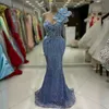 Sky Blue Aso Ebi Prom Dresses Sheer Neck Mermaid Flower Sequined Lace Evening Formal Dress for Specail Occasions Birthday Party Gowns Second Reception Gown ST716