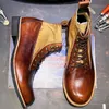 Stivali in vera pelle patchwork retrò Stivali da lavoro casual vintage stile inglese Scarpe eleganti da ufficio con lacci Botas Hombre