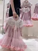 Vestidos de tul de encaje con empalme de terciopelo y lentejuelas para niñas con bordado de gasa, poncho con borlas de perlas, 2 piezas, vestido de princesa para niños del Día de San Valentín Z6373