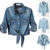 Bleu Jean Denim veste femmes culture Jean manteau automne printemps 34 manches décontracté poche noeud cravate chemise vêtements d'extérieur hauts 231228