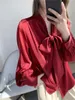 Frauenblusen Satin Wein rote Hemden Frauen Vintage lässige Langarm Top Single Breauzed V-Ausschnitt Biege Blouse Streetwear 2023 Frühling