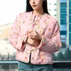 Women's Trench Coats 2023 Winter Cotton Y2k Floral Printed Silk Velvet Chinese Plate Button Round Neck Long Sleeve Thickened Warm Top
