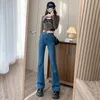 Retro Blue Elastic Jeans Womens High midja Show Flare Pants Ankomst Desnim Wide Leg Slim Fit 231228