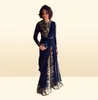 Gold Emboridery Applique Beaded Abaya Dubai Chiffon Kaftan Arabic Prom Gown Black Long Sleeve Front Slit Evening Gown6805636