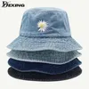 Ins Korean Daisy Embroidery Bucket Hat women men Panama Summer Sun Hat Fashion Flower Bob Washed Denim Fisherman Hat 231228