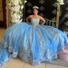 스카이 블루 섹시 스파게티 스트랩 볼 가운 Quinceanera Dress 2024 레이스 아플리케 드티 도스 드 16 Quinceanera residos 15 de anos